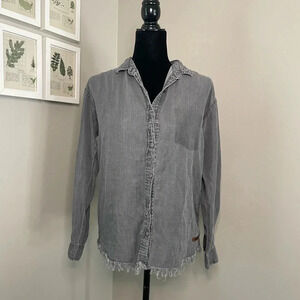Caterpillar Gray Chambray Button Down Shirt with Raw Hem